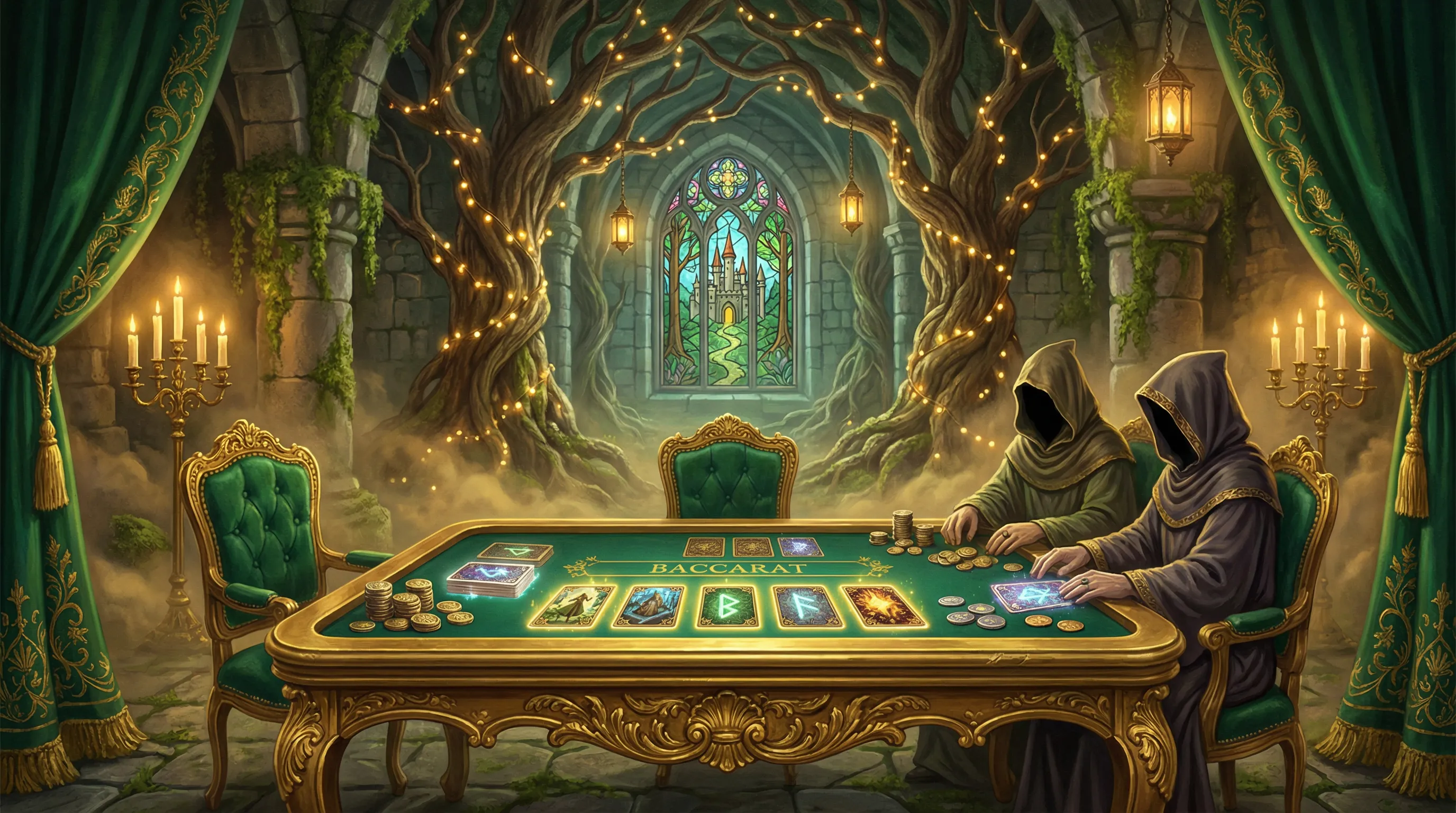 Mesa de bacará elegante com cartas douradas no Superbet Entrar